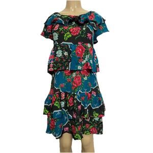 Manoush Silk Mini Dress Floral Rose Ruffled A Line Black Blue Round Neck 34 2 XS